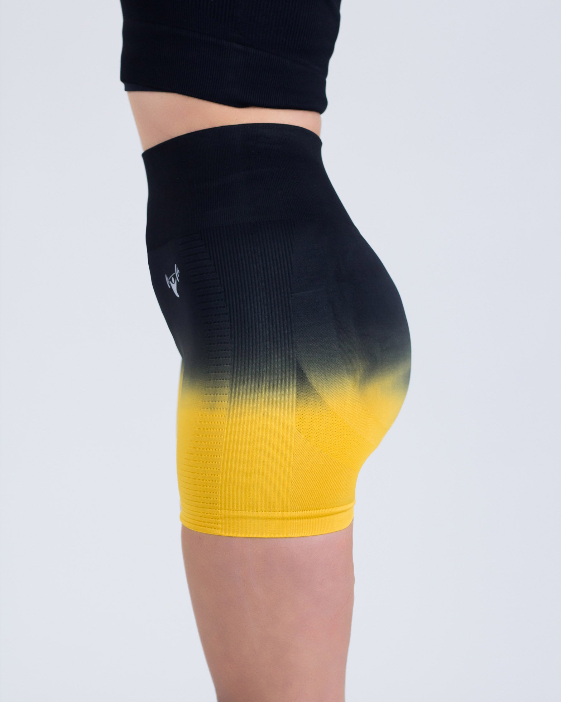 PWG Active Ombre Flex Scrunch Shorts in Yellow, high waist, ombre gradient, squat-proof, scrunch form, breathable fabric - Side View