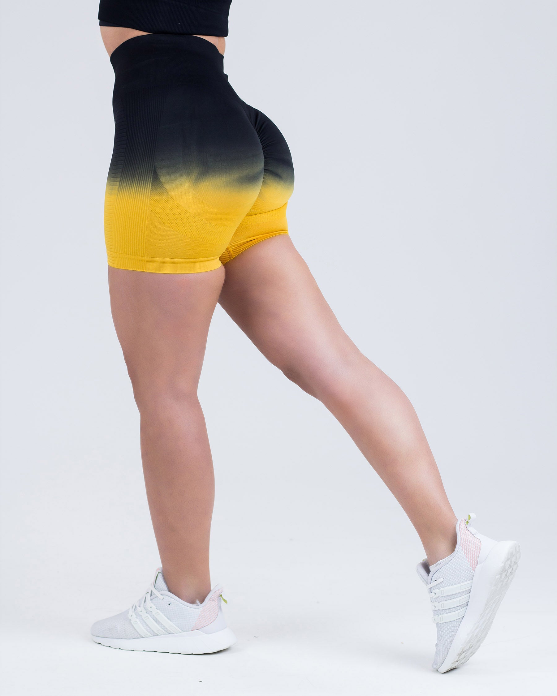 PWG Active Ombre Flex Scrunch Shorts in Yellow, high waist, ombre gradient, squat-proof, scrunch form, breathable fabric - Back View