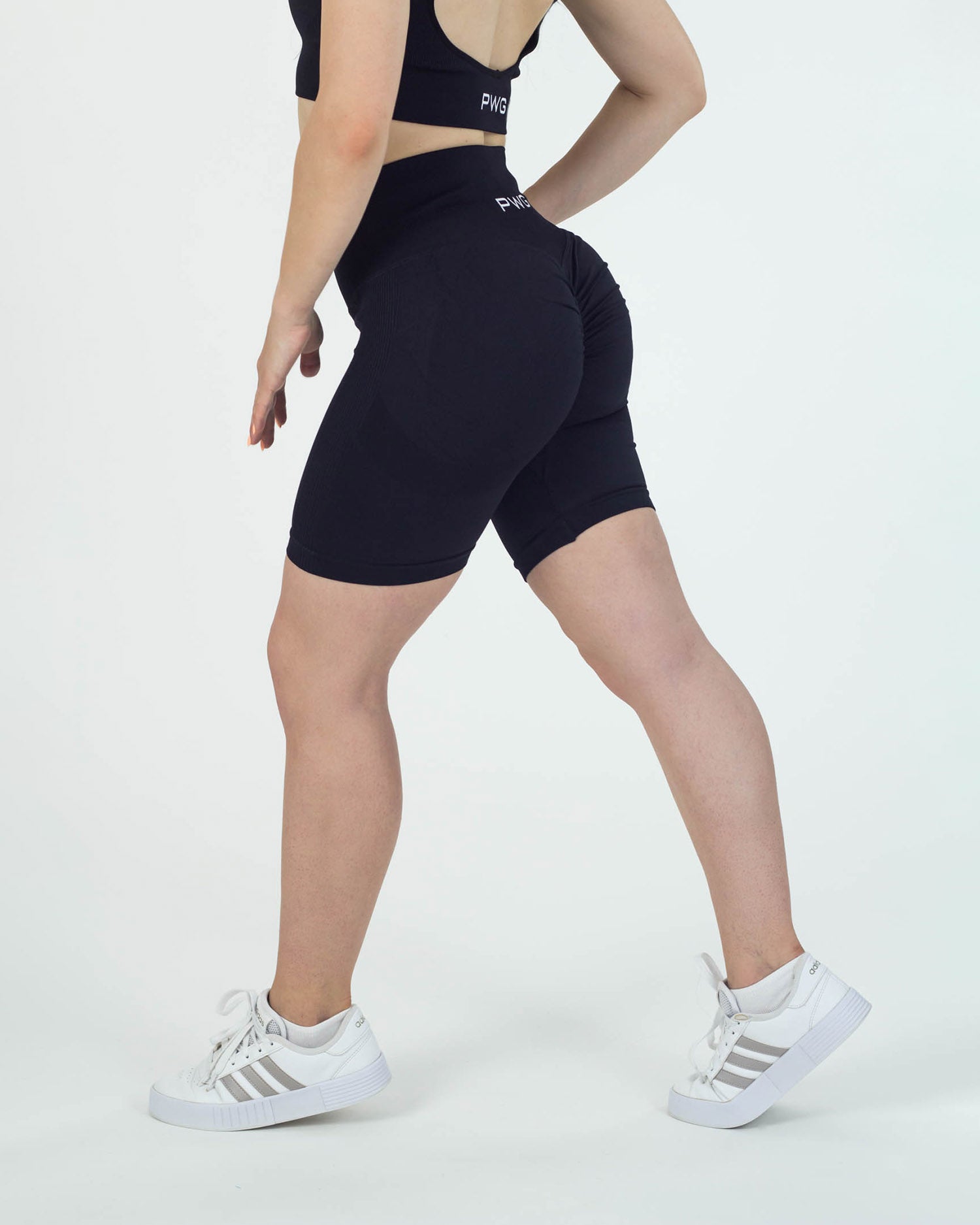 PWG Active Boost+ High Waisted Scrunch Shorts in Black, high-waisted, scrunch design, breathable, compression stretch - Side View