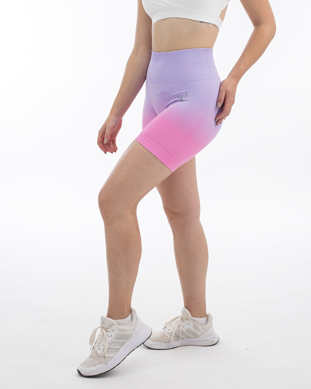 PWG Active Ombré Scrunch Shorts in Lavender Pink, high waist, ombre design, scrunch form, breathable, squat-proof, curve-contouring - Side View