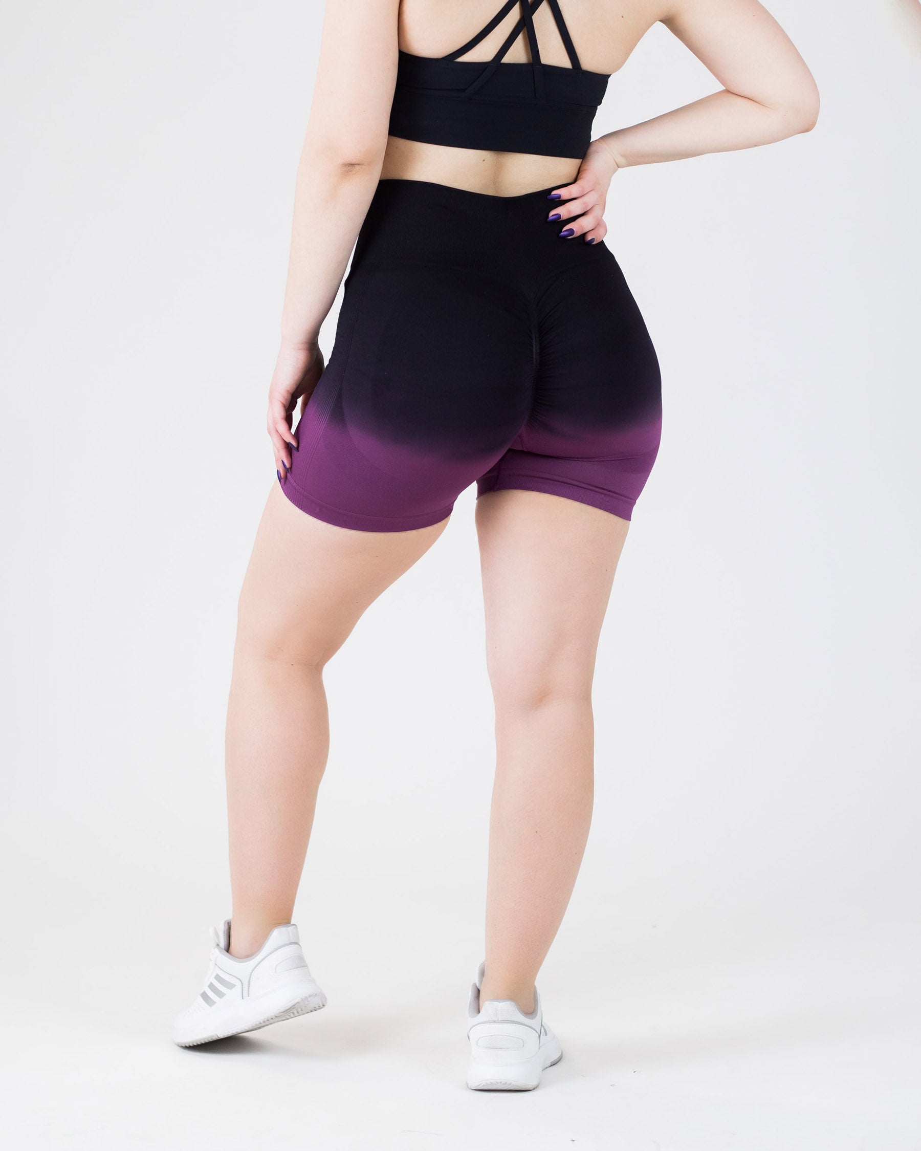 PWG Active Ombre Flex Scrunch Shorts in Purple, high waist, ombre gradient, squat-proof, scrunch form, breathable fabric - Back View