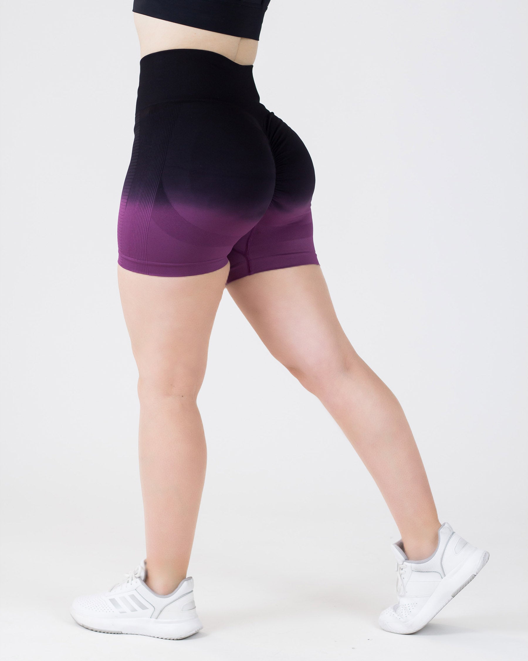 PWG Active Ombre Flex Scrunch Shorts in Purple, high waist, ombre gradient, squat-proof, scrunch form, breathable fabric - Back View