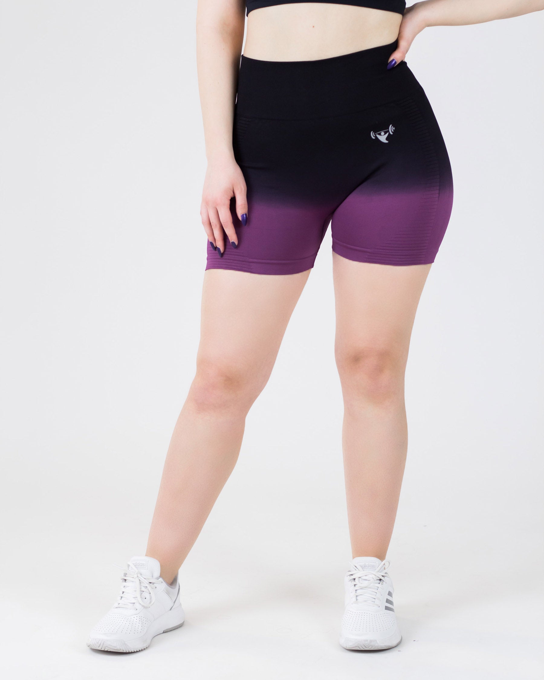PWG Active Ombre Flex Scrunch Shorts in Purple, high waist, ombre gradient, squat-proof, scrunch form, breathable fabric - Front View