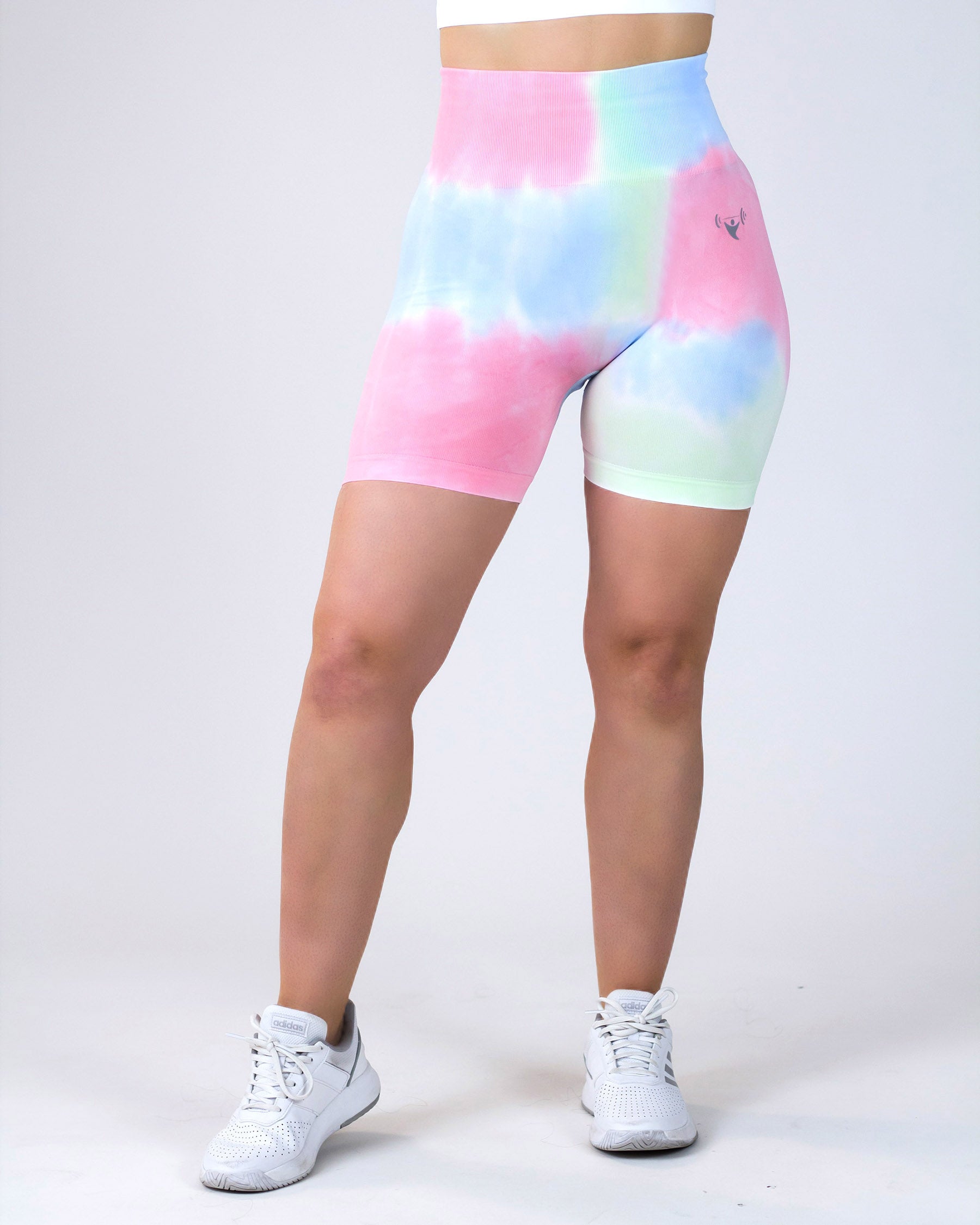 PWG Active Scrunched Tie Dye Shorts in Cotton Candy, high waist, tie-dye design, curve contouring, squat-proof, breathable - Front View