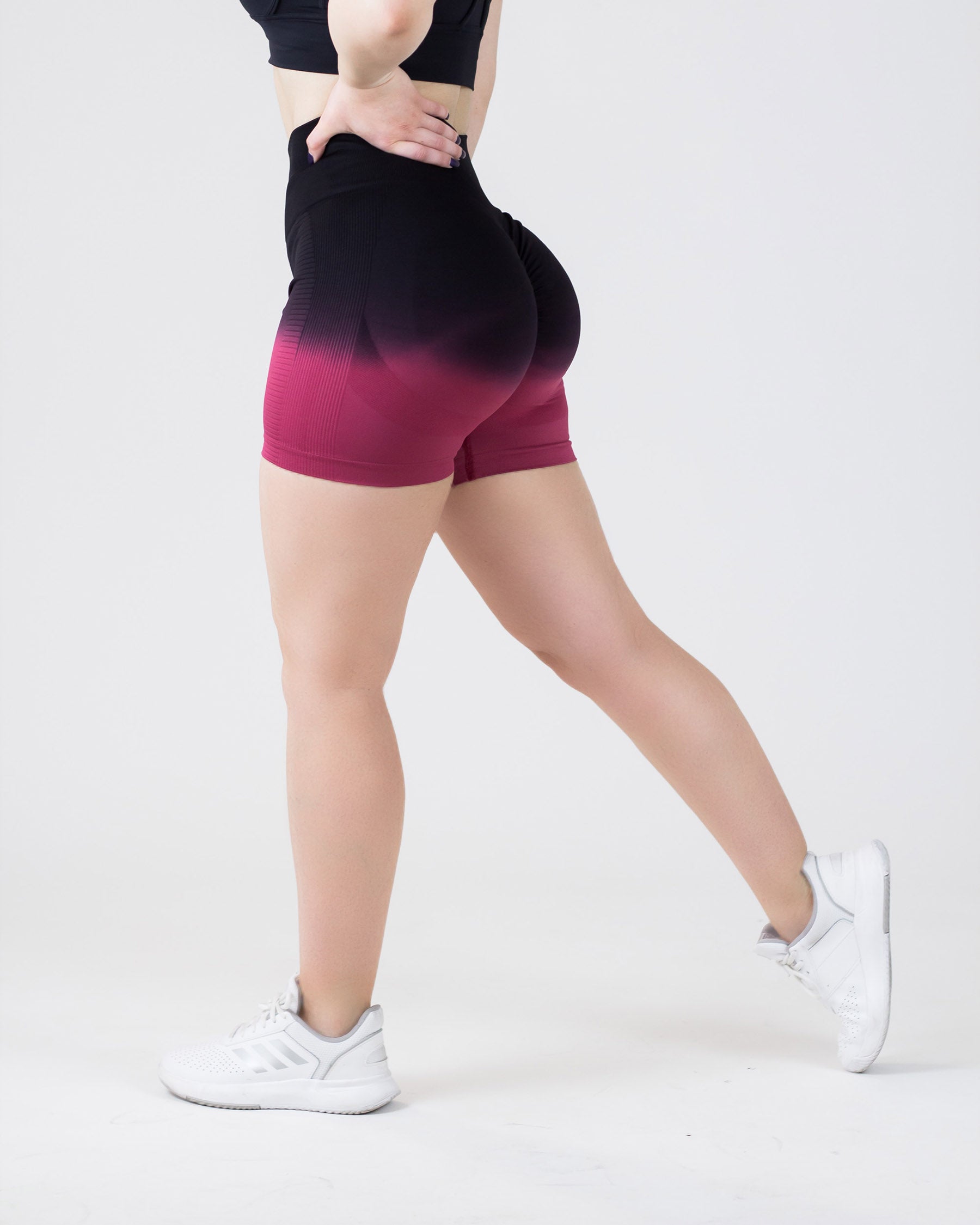 PWG Active Ombre Flex Scrunch Shorts in Maroon, high waist, ombre gradient, squat-proof, scrunch form, breathable fabric - Side View