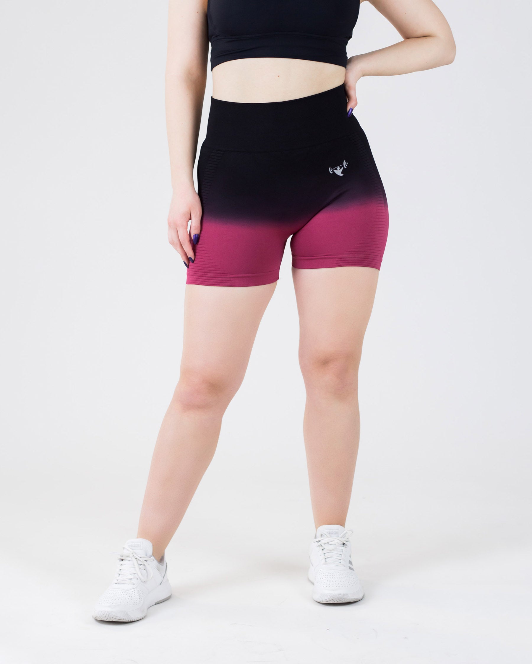 PWG Active Ombre Flex Scrunch Shorts in Maroon, high waist, ombre gradient, squat-proof, scrunch form, breathable fabric - Front View