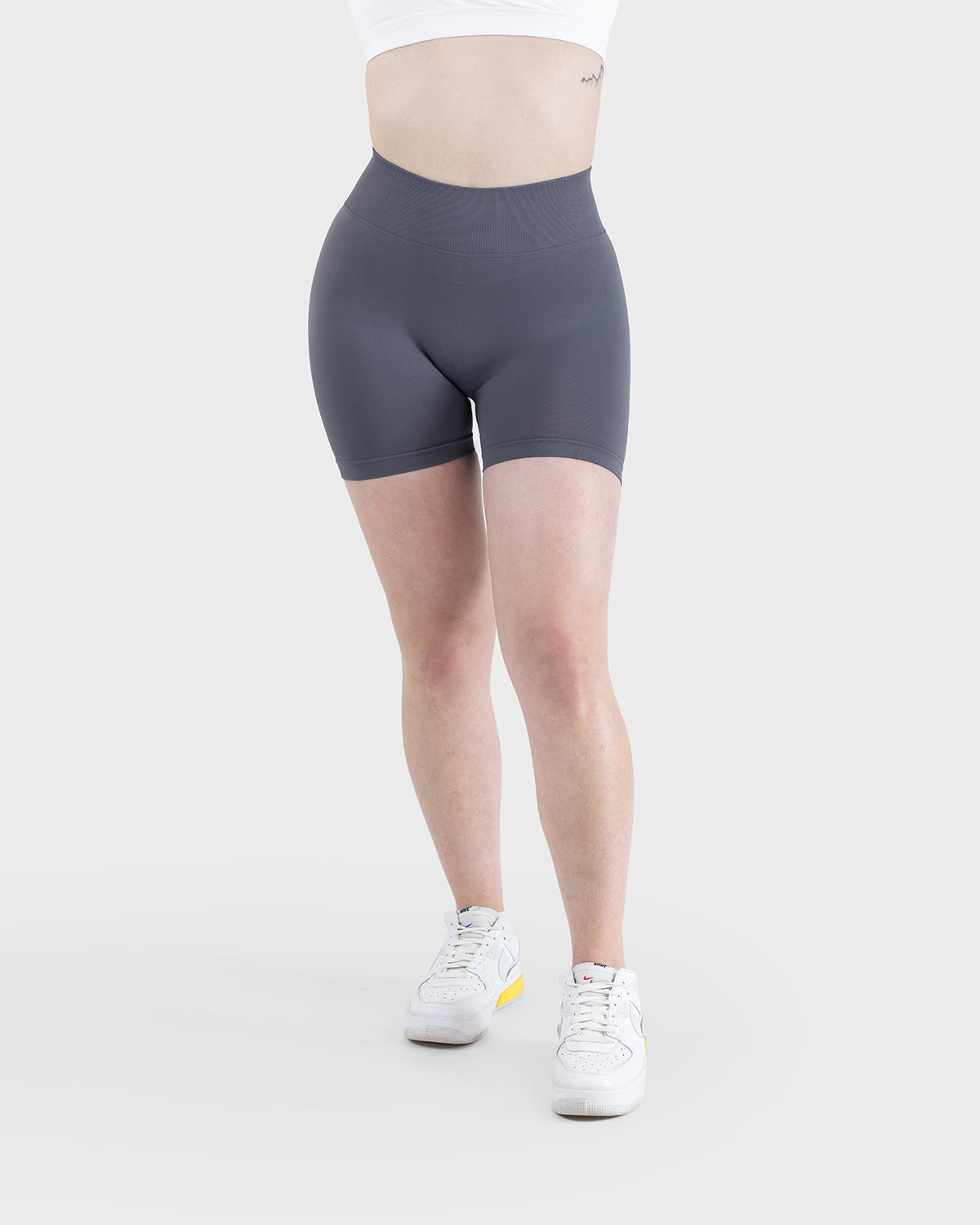 PWG Active Form Sculpting Shorts in Anchor Grey, high ribbed waistband, sculpting design, scrunch back, 4” inseam - Front View