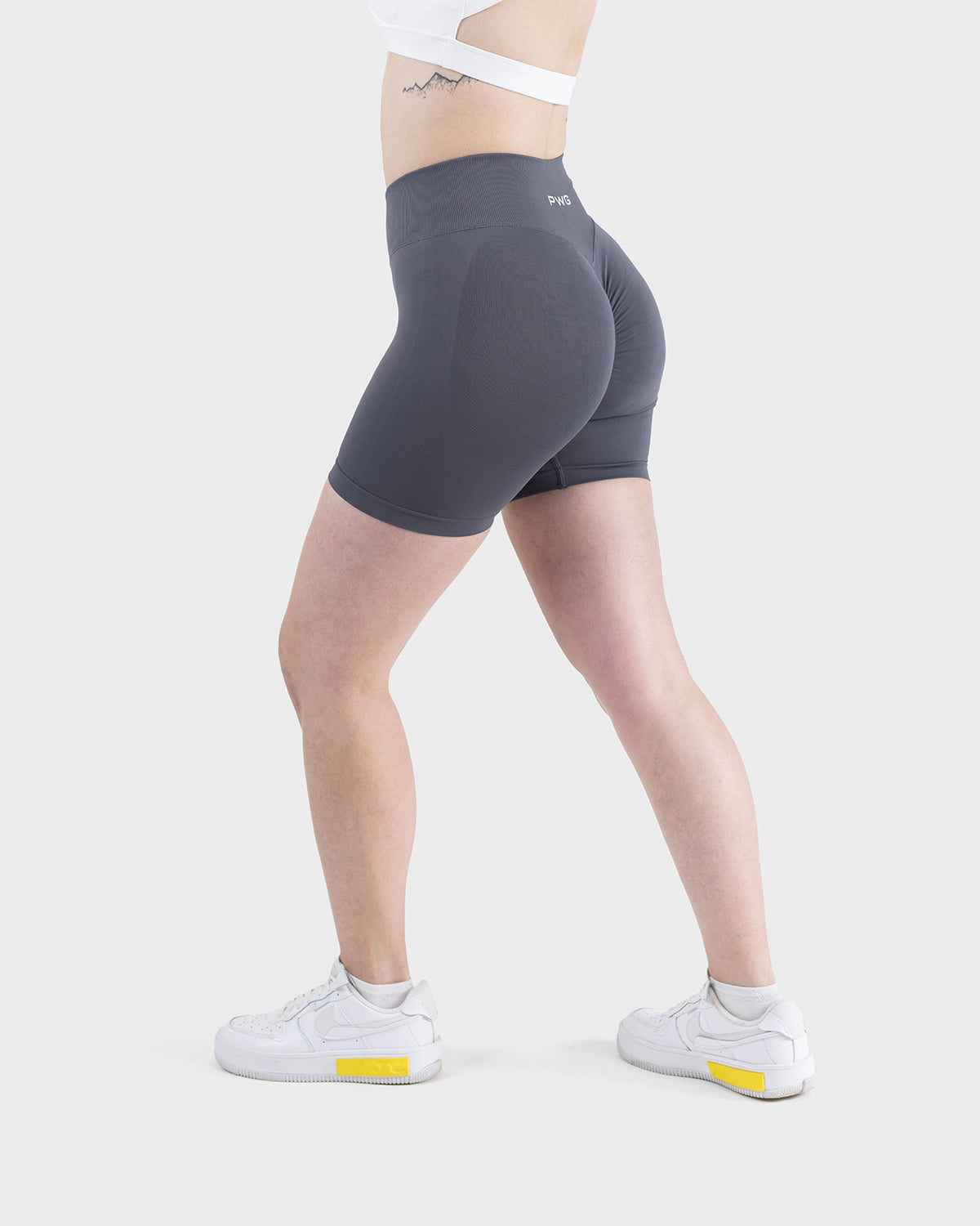 PWG Active Form Sculpting Shorts in Anchor Grey, high ribbed waistband, sculpting design, scrunch back, 4” inseam - Side View
