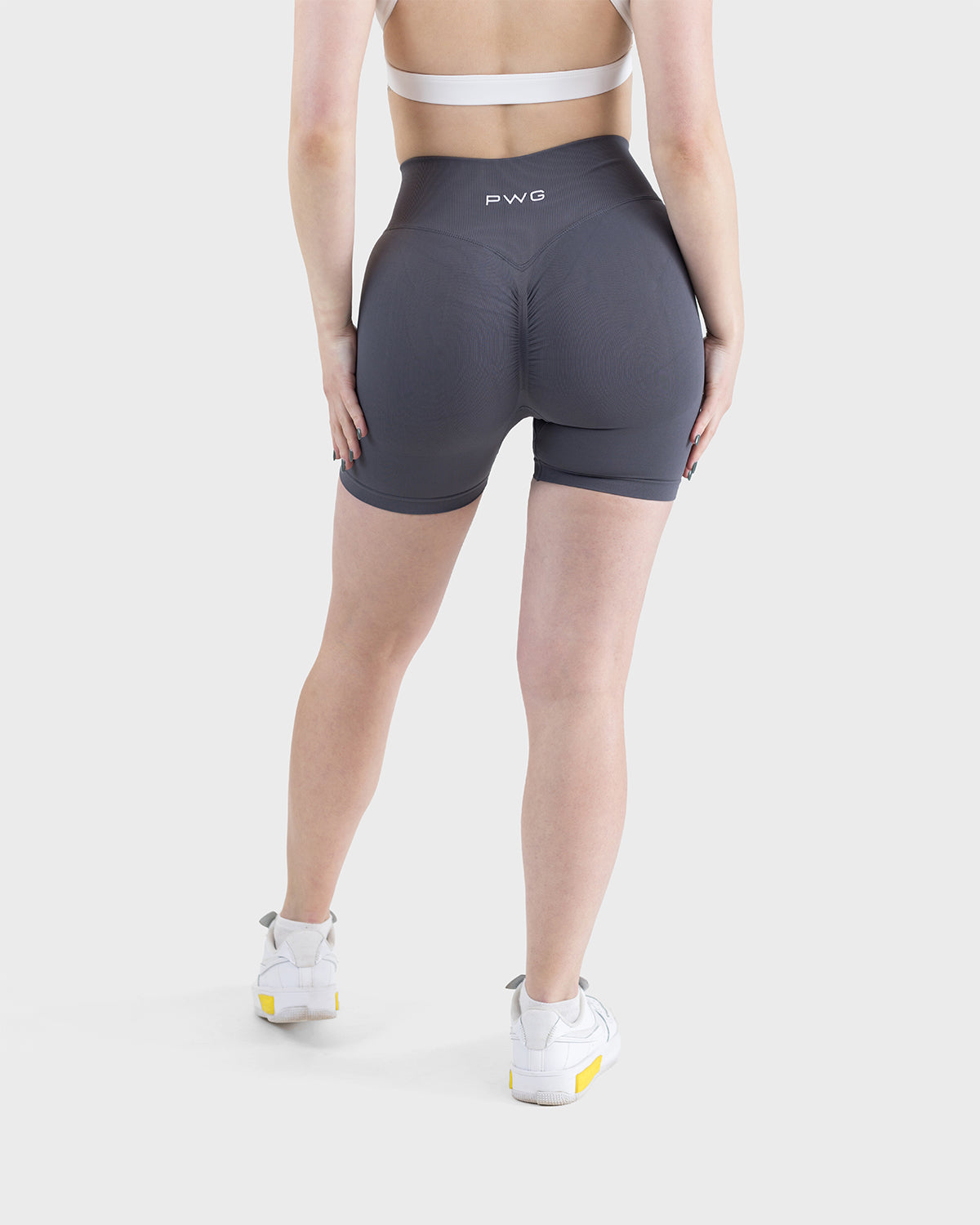 PWG Active Form Sculpting Shorts in Anchor Grey, high ribbed waistband, sculpting design, scrunch back, 4” inseam - Back View