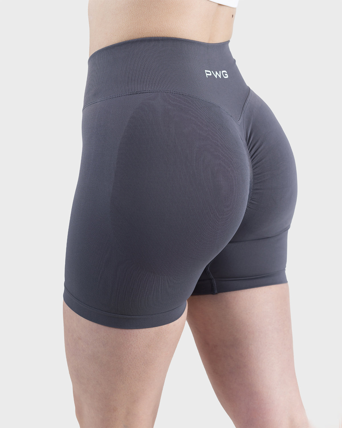 PWG Active Form Sculpting Shorts in Anchor Grey, high ribbed waistband, sculpting design, scrunch back, 4” inseam - Side View
