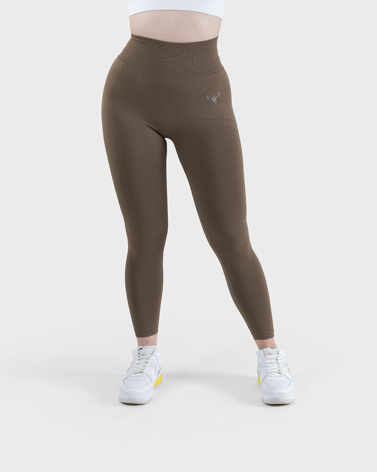 PWG Active Arise High Waisted Leggings in Brown, ultra high waist, squat-proof, scrunch form, curve contouring, breathable fabric - Front View
