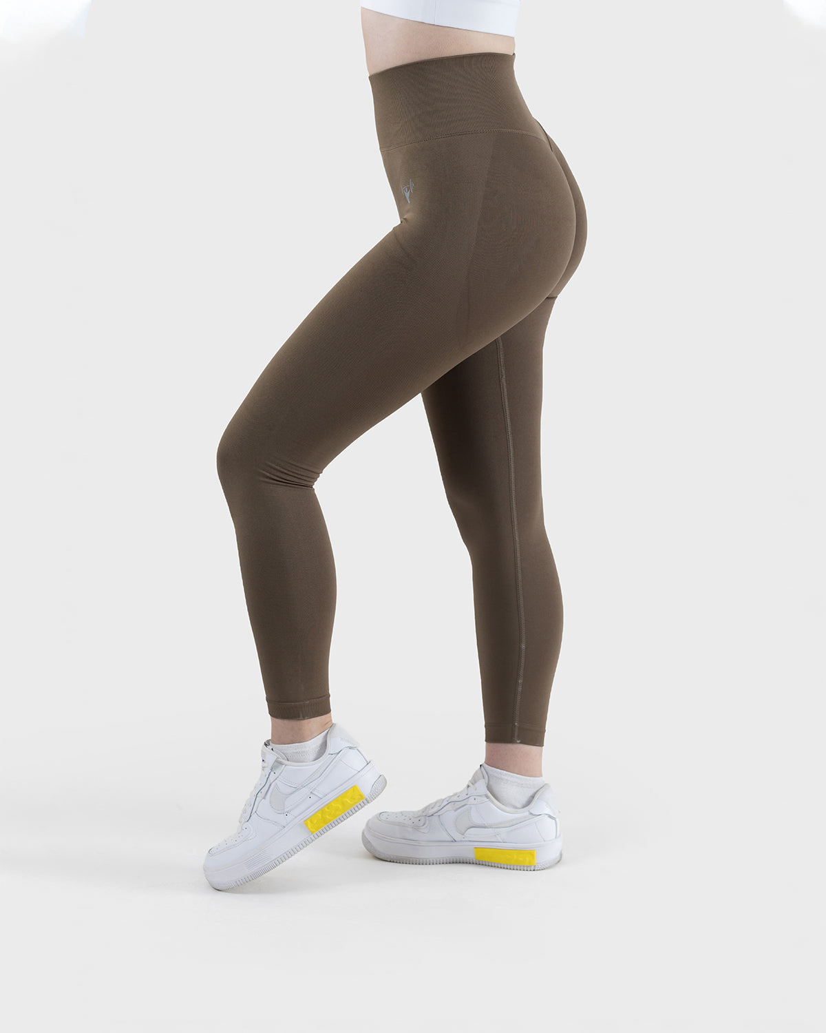 PWG Active Arise High Waisted Leggings in Brown, ultra high waist, squat-proof, scrunch form, curve contouring, breathable fabric - Side View