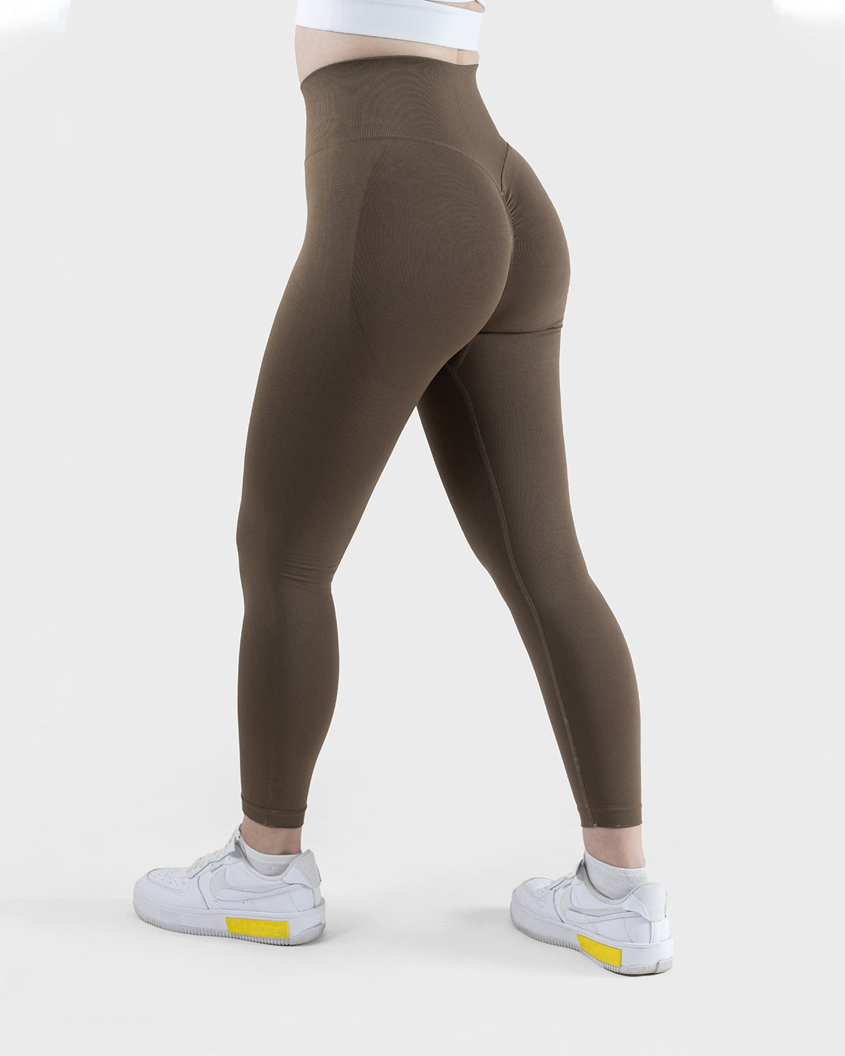 PWG Active Arise High Waisted Leggings in Brown, ultra high waist, squat-proof, scrunch form, curve contouring, breathable fabric - Back View