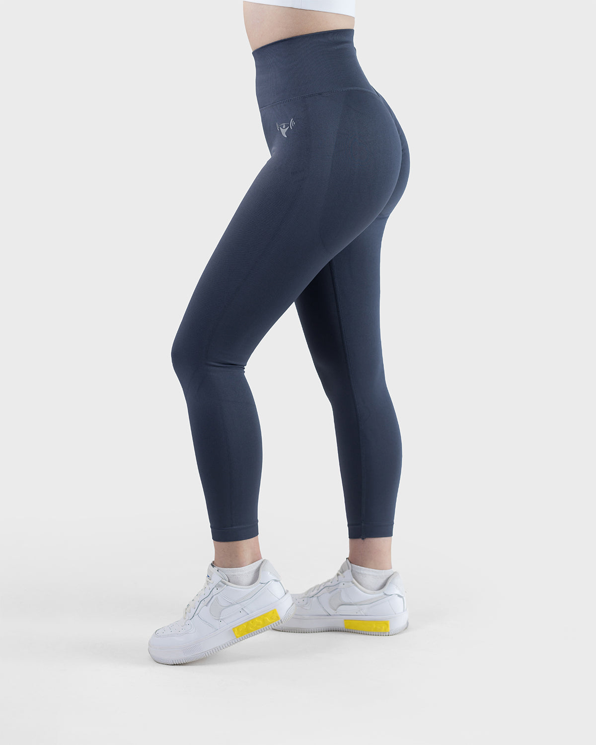 PWG Active Arise High Waisted Leggings in Navy, ultra high waist, squat-proof, scrunch form, curve contouring, breathable fabric - Side View