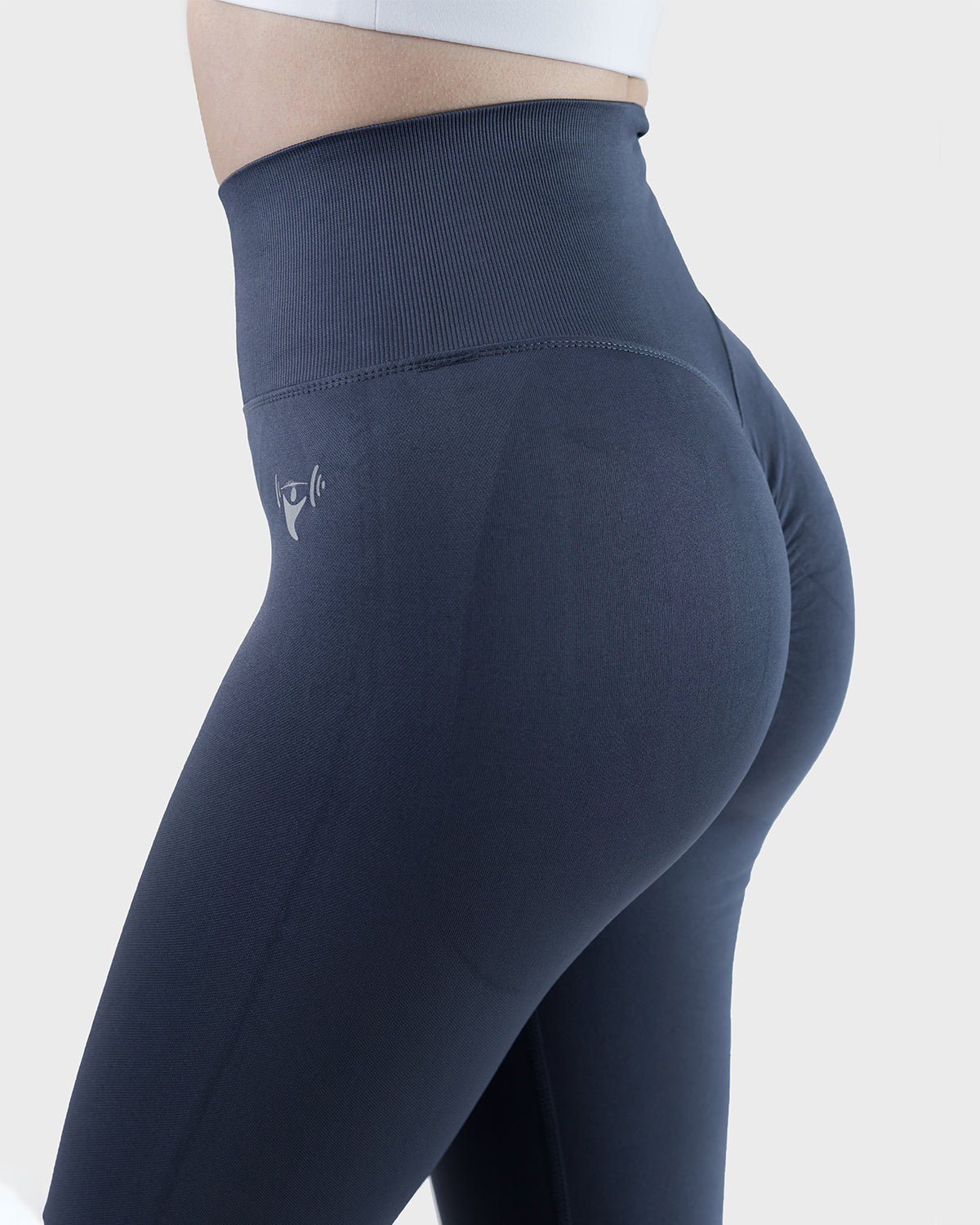 PWG Active Arise High Waisted Leggings in Navy, ultra high waist, squat-proof, scrunch form, curve contouring, breathable fabric - Side View