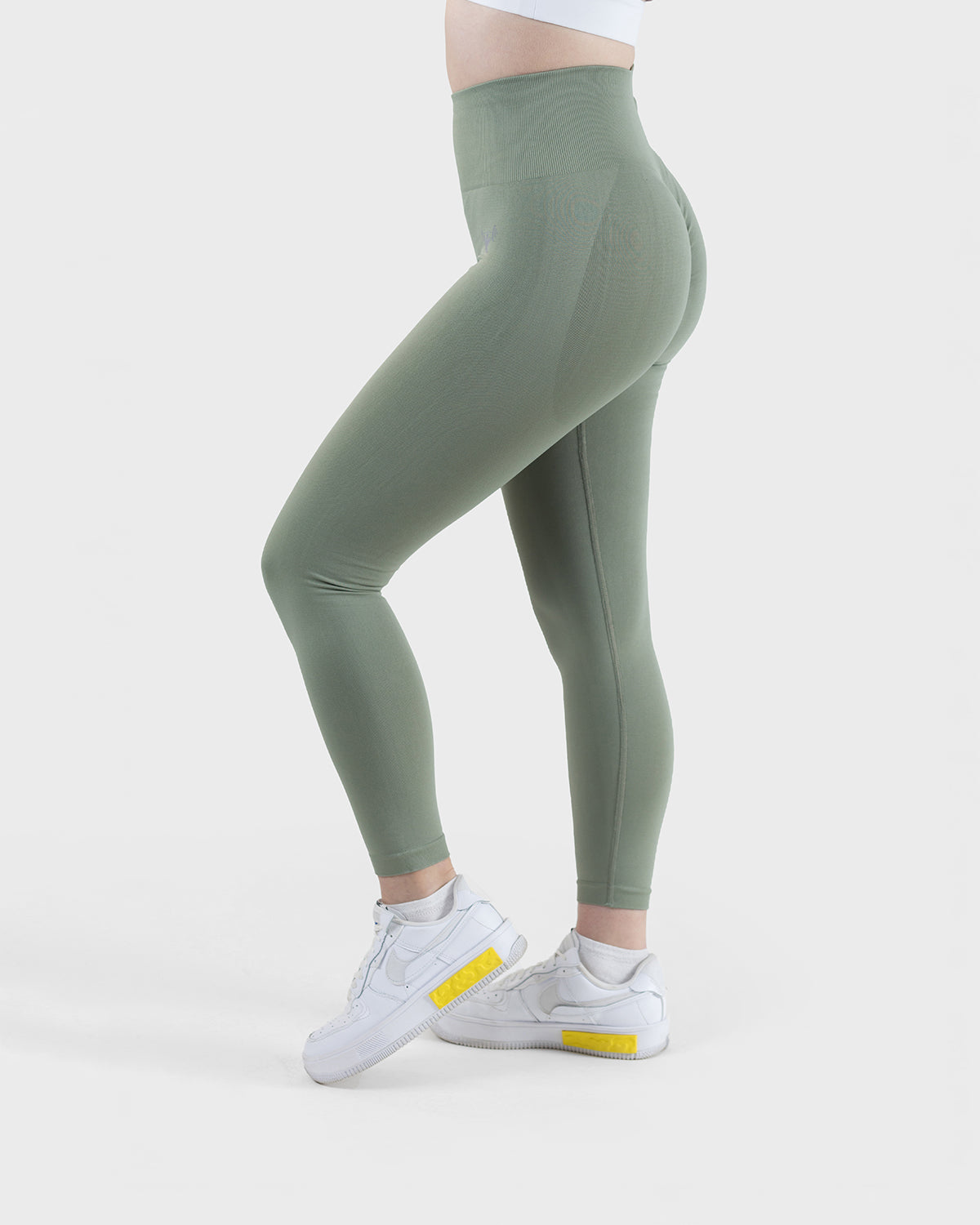 PWG Active Arise High Waisted Leggings in Olive, ultra high waist, squat-proof, scrunch form, breathable, curve contouring - Side View