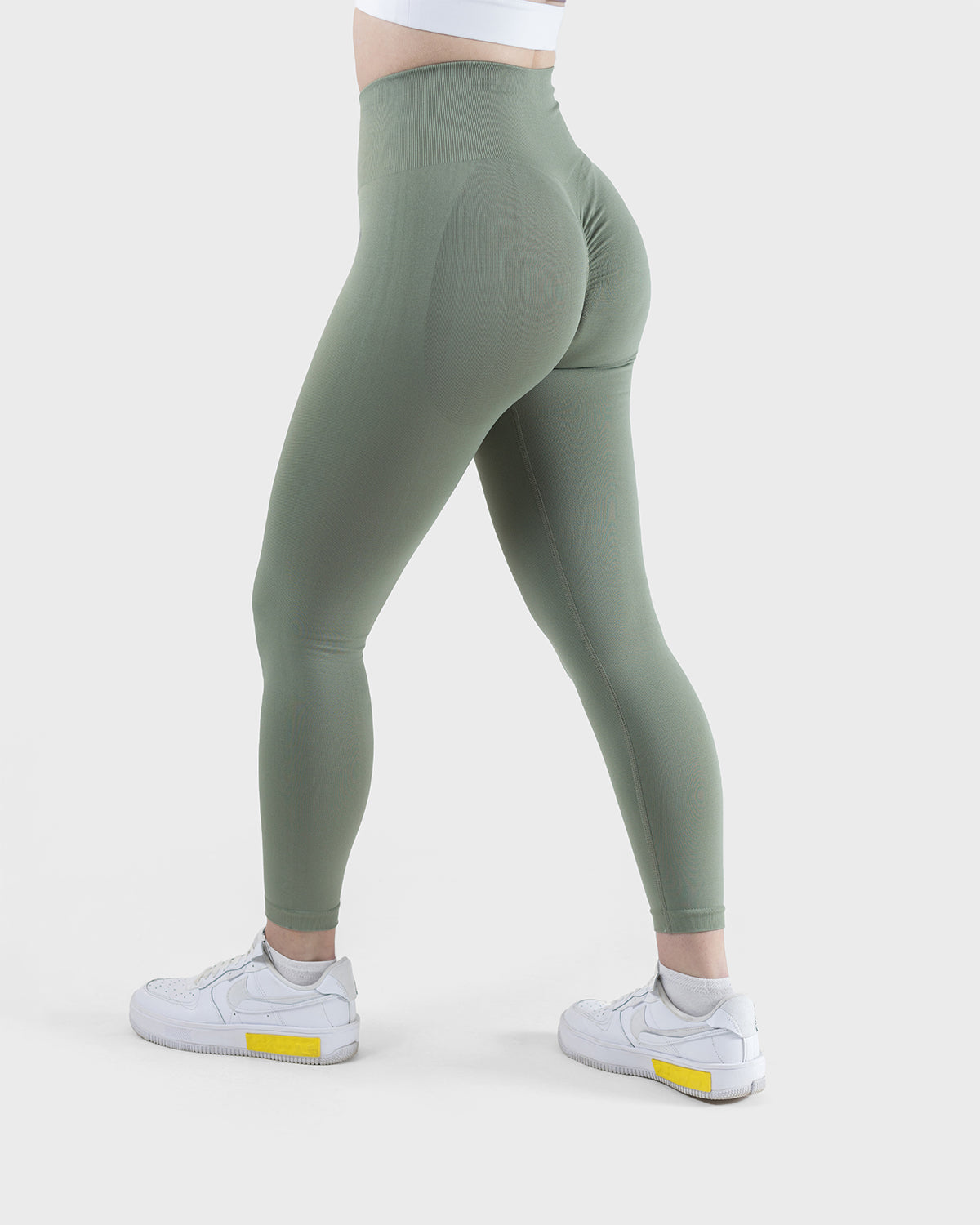 PWG Active Arise High Waisted Leggings in Olive, ultra high waist, squat-proof, scrunch form, breathable, curve contouring