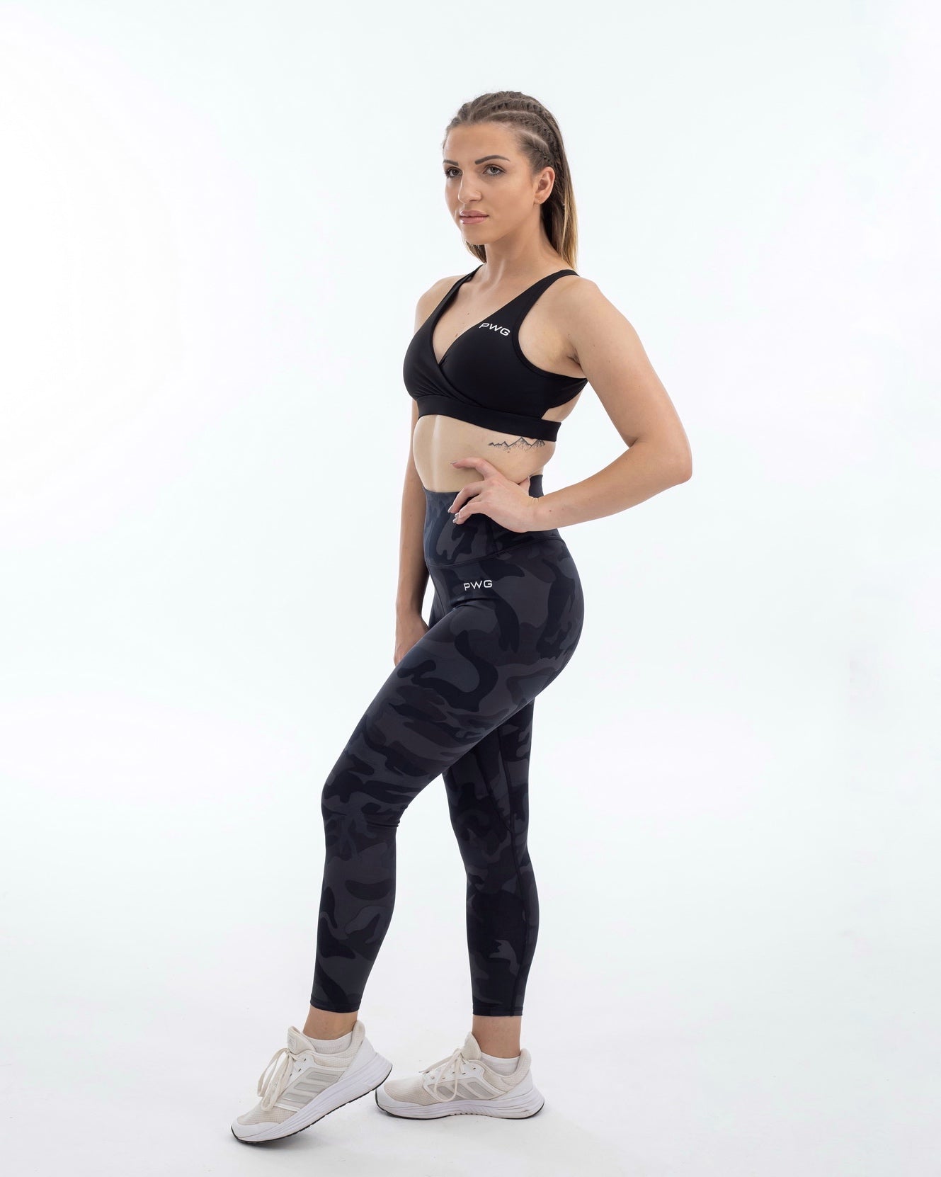 PWG Active Form Open Back Sports Bra in Black, plunge V-neck, open back, medium support, removable padding, heat-sealed logo