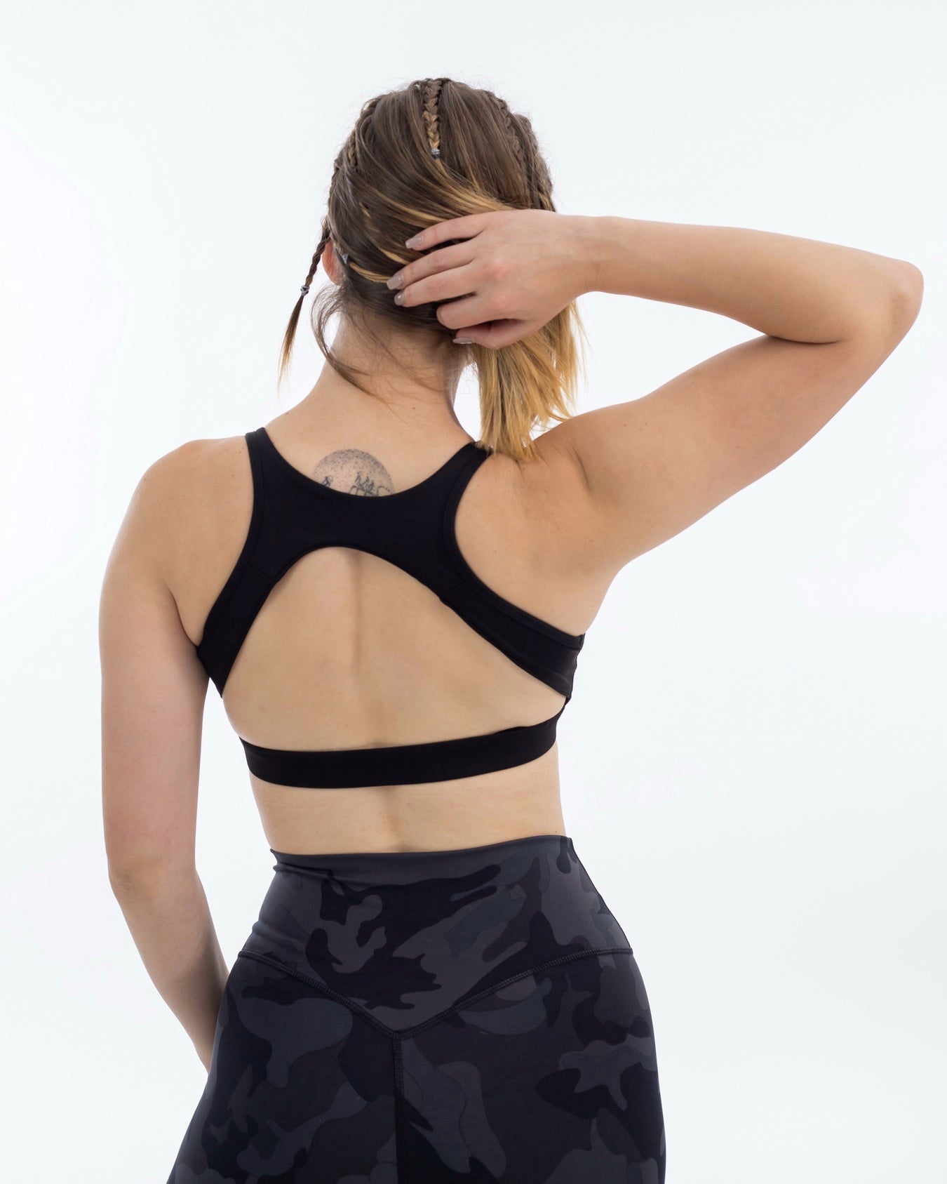 PWG Active Form Open Back Sports Bra in Black, plunge V-neck, open back, medium support, removable padding, heat-sealed logo - Back View